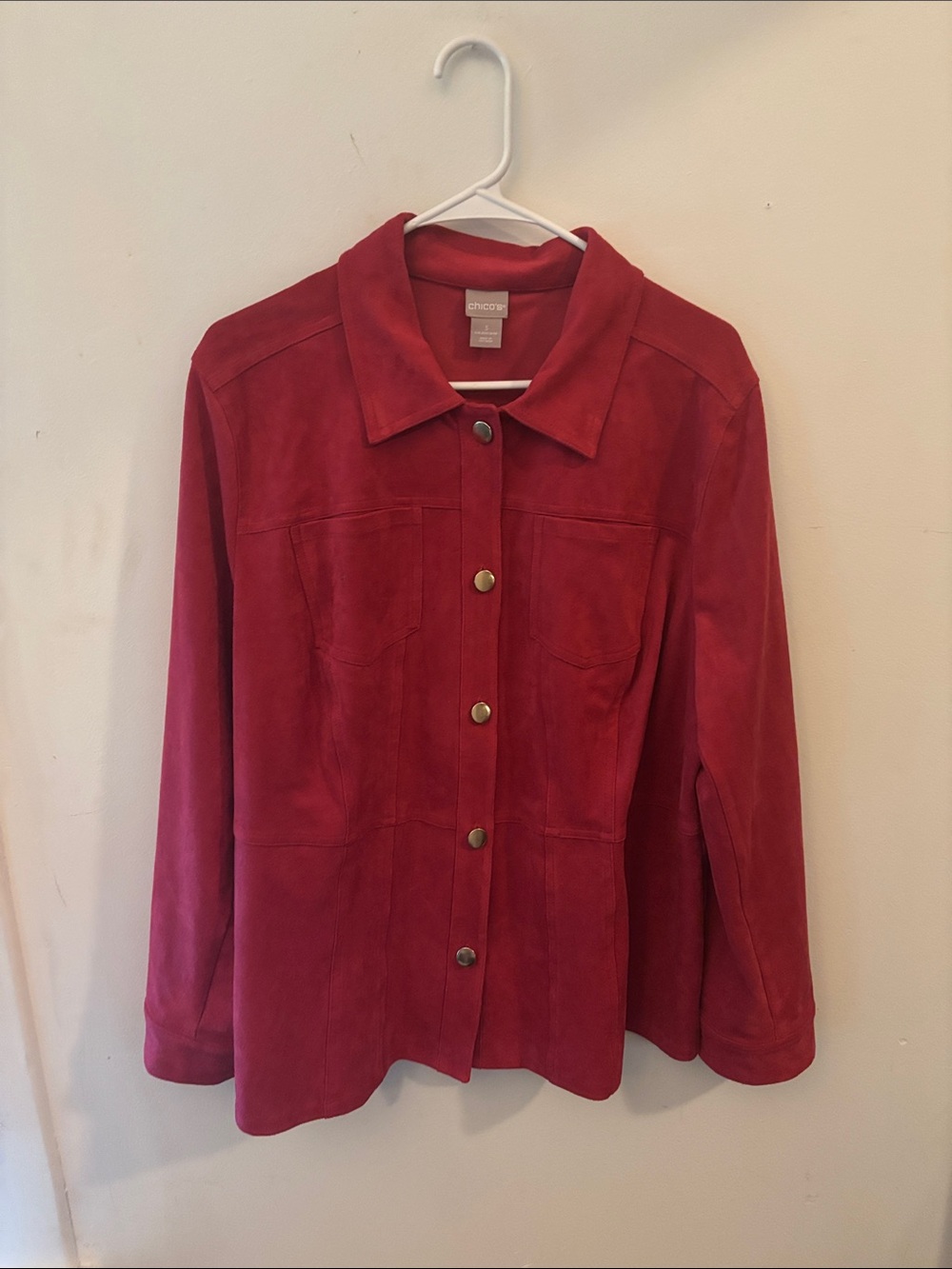Chico's Red Faux Suede Shirt Jacket Women's Button Front Shacket Soft Top Sz 3